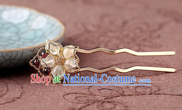 China Classical Golden Hair Stick Traditional Cheongsam Hair Accessories Handmade Garnet Beads Hairpin