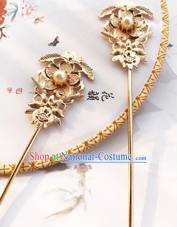 China Traditional Hanfu Pearl Hair Stick Ancient Princess Hair Accessories Golden Plum Hairpin