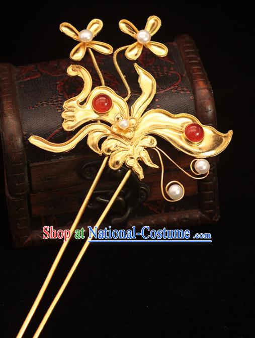 China Ancient Palace Empress Hair Stick Traditional Hair Accessories Ming Dynasty Golden Orchids Hairpin