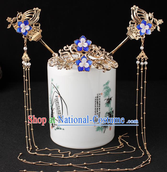 China Ancient Princess Hair Accessories Traditional Hanfu Blueing Plum Hair Crown and Tassel Hairpin