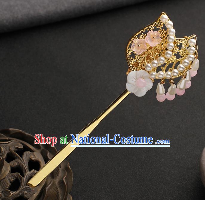 China Traditional Hanfu Shell Plum Hair Stick Ancient Ming Dynasty Princess Golden Hairpin