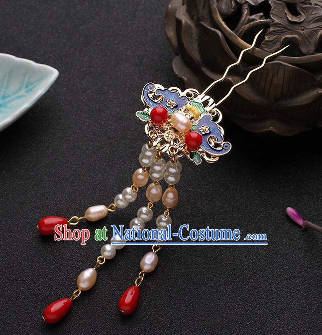 China Traditional Hanfu Blueing Bat Hair Stick Ancient Ming Dynasty Princess Pearls Tassel Hairpin