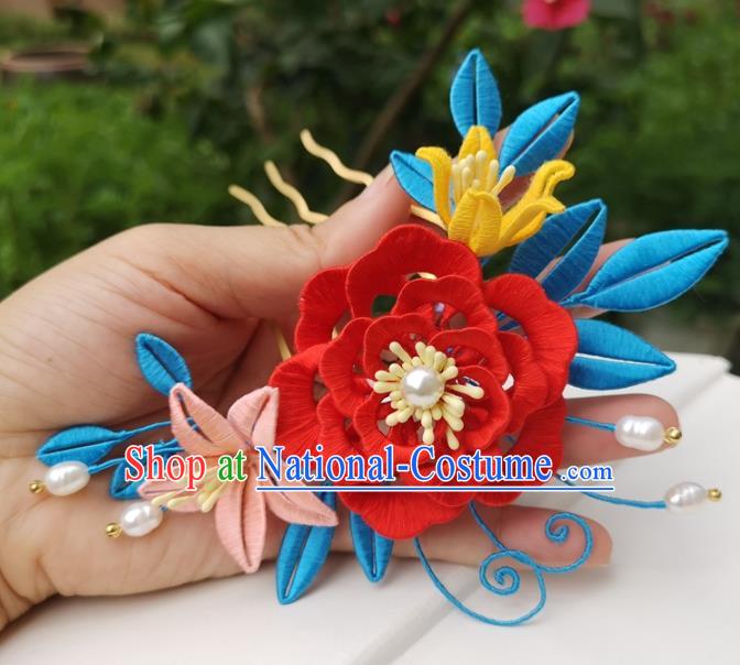 China Traditional Hanfu Red Silk Peony Hair Comb Ancient Ming Dynasty Princess Hairpin