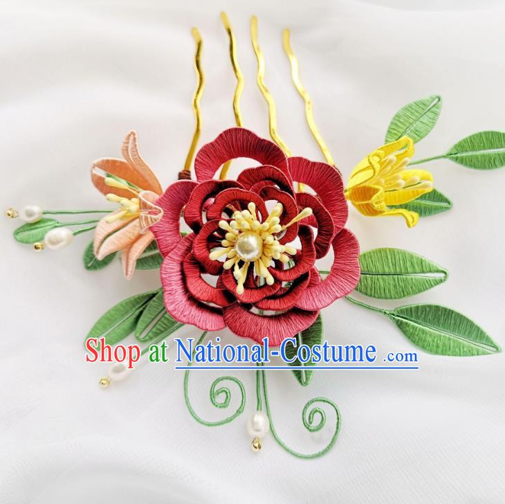 China Ancient Ming Dynasty Princess Hairpin Traditional Hanfu Jacinth Silk Peony Hair Comb