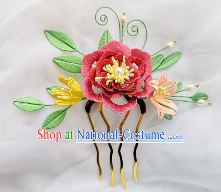 China Ancient Ming Dynasty Princess Hairpin Traditional Hanfu Jacinth Silk Peony Hair Comb