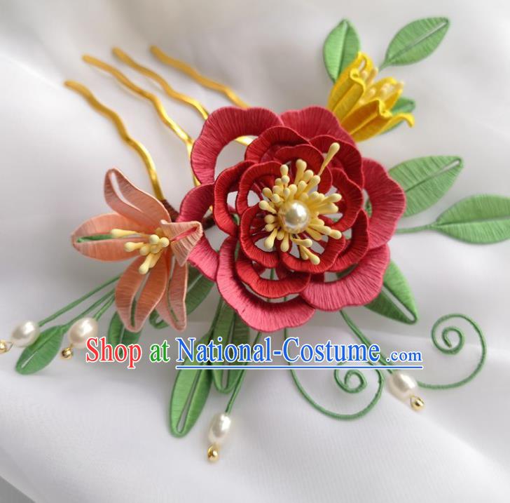 China Ancient Ming Dynasty Princess Hairpin Traditional Hanfu Jacinth Silk Peony Hair Comb