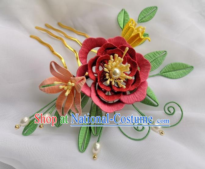 China Ancient Ming Dynasty Princess Hairpin Traditional Hanfu Jacinth Silk Peony Hair Comb