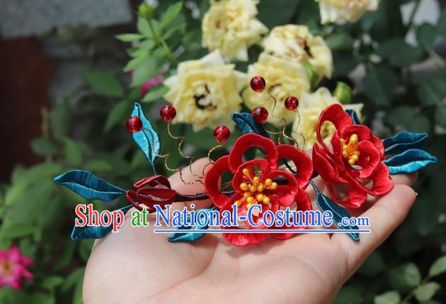 China Ancient Song Dynasty Princess Hairpin Traditional Hanfu Red Silk Plum Blossom Hair Comb