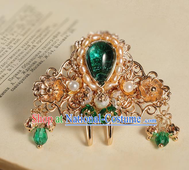 China Traditional Hanfu Pearls Hair Crown Ancient Ming Dynasty Princess Green Crystal Hairpin