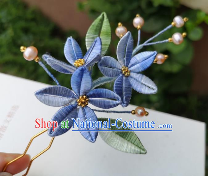 China Traditional Hanfu Pearls Hair Stick Accessories Ancient Song Dynasty Blue Silk Flowers Hairpin