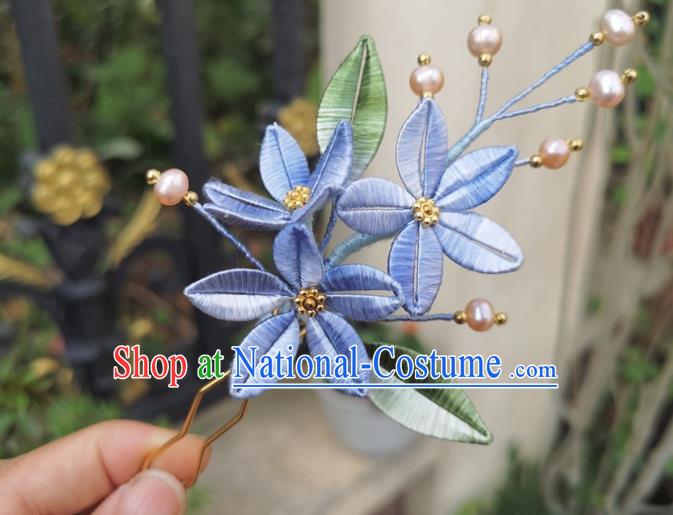 China Traditional Hanfu Pearls Hair Stick Accessories Ancient Song Dynasty Blue Silk Flowers Hairpin