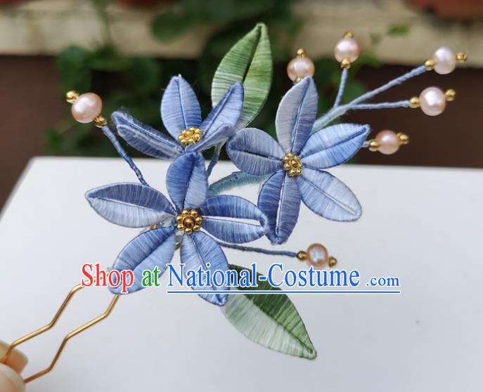 China Traditional Hanfu Pearls Hair Stick Accessories Ancient Song Dynasty Blue Silk Flowers Hairpin