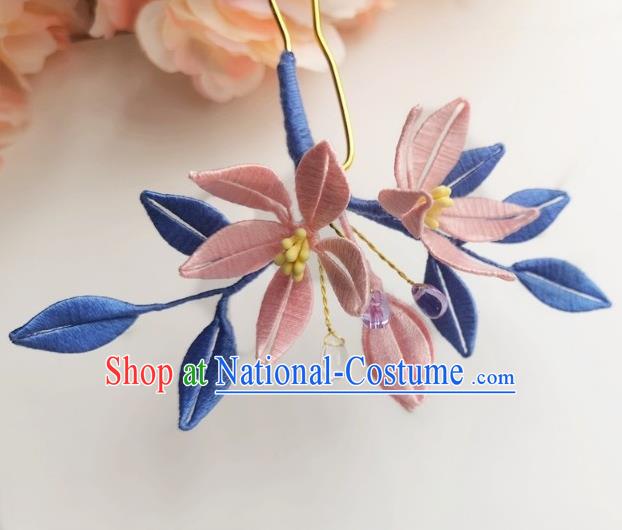 China Ancient Ming Dynasty Pink Silk Flowers Hairpin Traditional Hanfu Hair Stick Hair Accessories