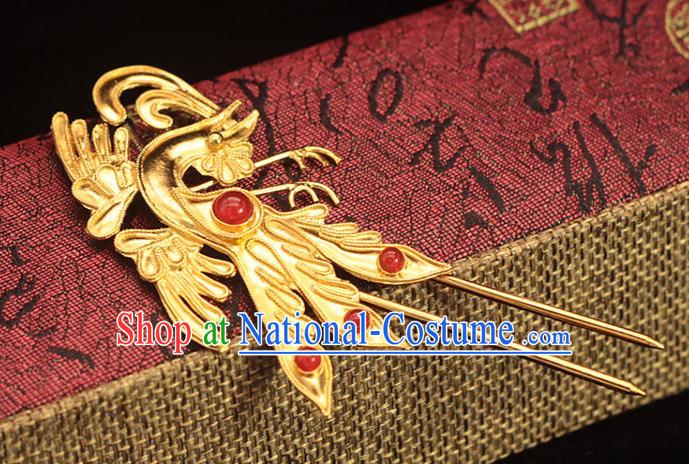 China Traditional Ming Dynasty Ruby Hairpin Hair Accessories Ancient Empress Golden Phoenix Hair Stick