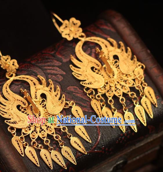 Chinese Traditional Ming Dynasty Golden Phoenix Earrings Ancient Empress Filigree Ear Accessories