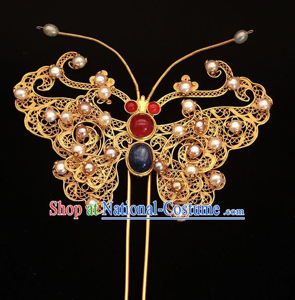 China Ancient Empress Golden Butterfly Hair Stick Traditional Hair Accessories Ming Dynasty Pearls Hairpin