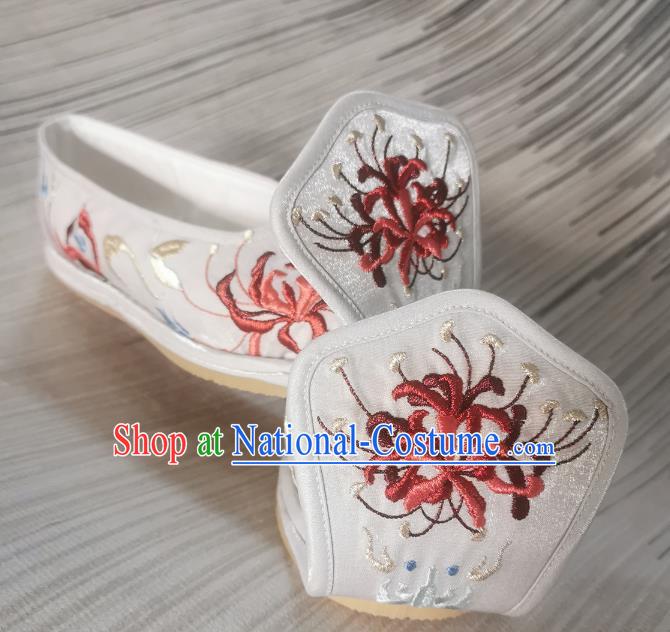 Handmade Chinese White Satin Shoes Traditional Han Dynasty Princess Shoes Bow Shoes Embroidered Shoes