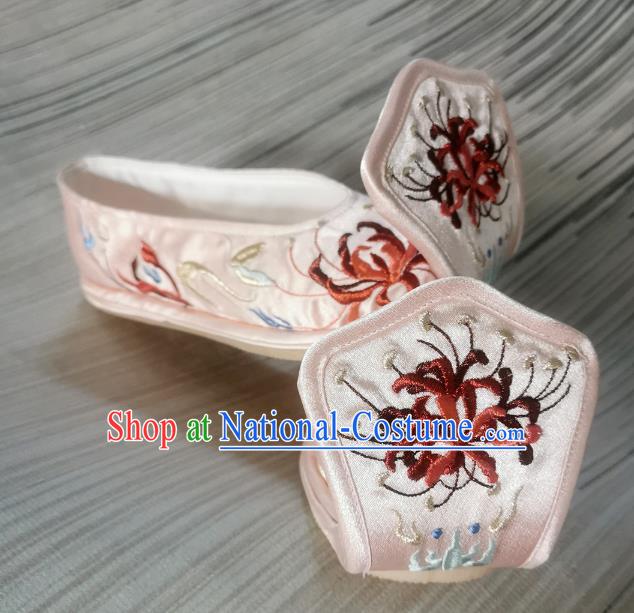 Handmade Chinese Pink Satin Shoes Bow Shoes Embroidered Shoes Traditional Han Dynasty Princess Shoes