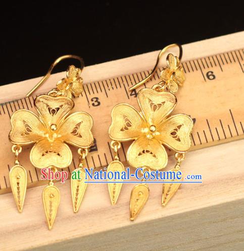 Chinese Ancient Empress Filigree Ear Accessories Traditional Ming Dynasty Golden Flower Earrings