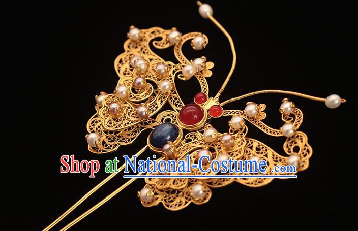 China Ancient Empress Golden Butterfly Hair Stick Traditional Hair Accessories Ming Dynasty Pearls Hairpin