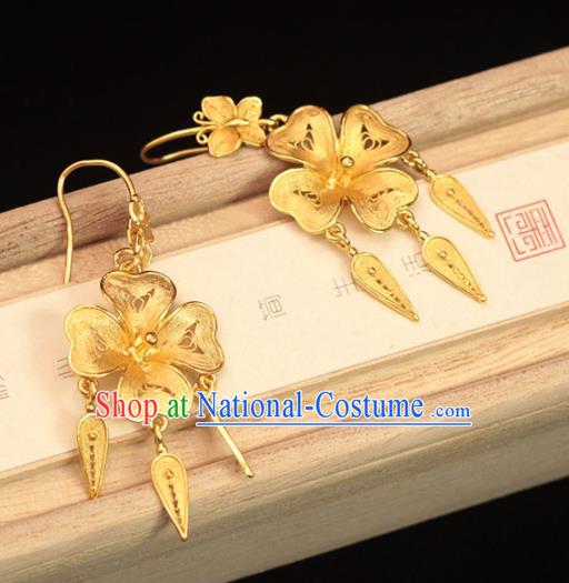 Chinese Ancient Empress Filigree Ear Accessories Traditional Ming Dynasty Golden Flower Earrings