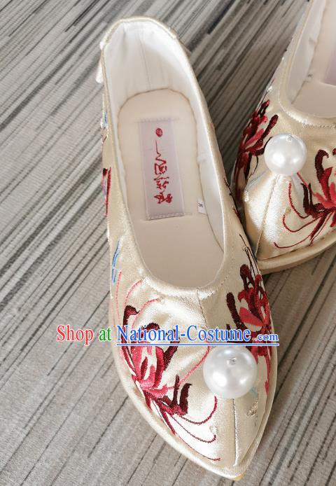 Handmade Chinese Champagne Satin Shoes Bow Shoes Embroidered Shoes Traditional Ming Dynasty Shoes