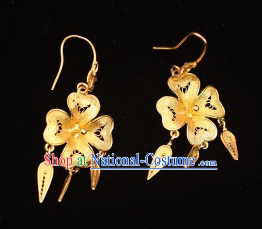 Chinese Ancient Empress Filigree Ear Accessories Traditional Ming Dynasty Golden Flower Earrings