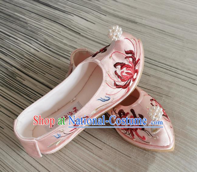 Handmade Chinese Bow Shoes Embroidered Shoes Traditional Ming Dynasty Shoes Pink Satin Shoes