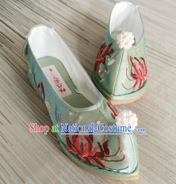 Handmade Chinese Embroidered Green Shoes Traditional Ming Dynasty Hanfu Shoes Satin Shoes Bow Shoes