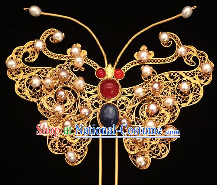 China Ancient Empress Golden Butterfly Hair Stick Traditional Hair Accessories Ming Dynasty Pearls Hairpin