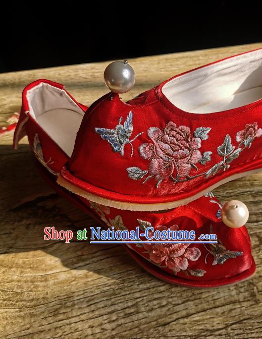 Handmade Chinese Wedding Shoes Traditional Red Cloth Shoes Bow Shoes Embroidered Peony Shoes