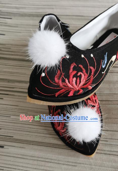 Handmade Chinese Satin Shoes Black Embroidered Shoes Traditional Ming Dynasty Hanfu Shoes