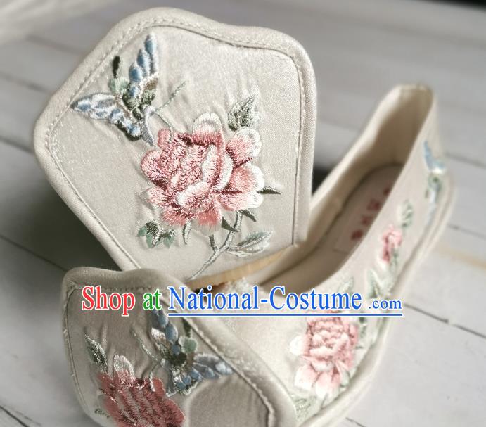 Handmade Chinese Han Dynasty Princess White Satin Shoes Traditional Hanfu Shoes Embroidered Peony Shoes