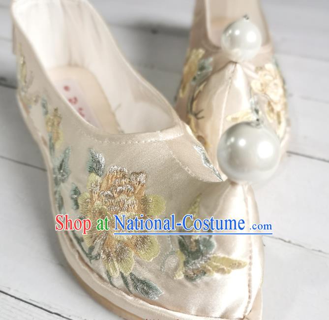 Handmade Chinese Golden Satin Bow Shoes Embroidered Shoes Ming Dynasty Princess Shoes Traditional Hanfu Shoes