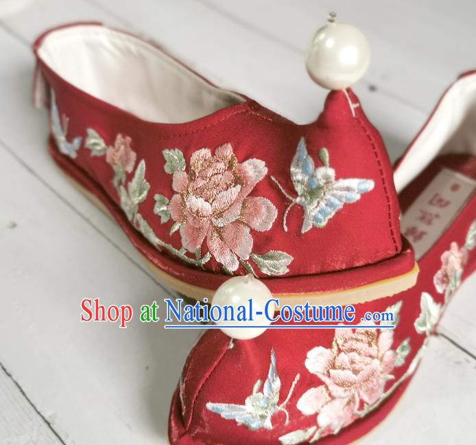 Handmade Chinese Wedding Red Satin Shoes Embroidered Shoes Ancient Princess Shoes Traditional Hanfu Bow Shoes