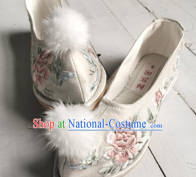 Handmade Chinese Embroidered Shoes Ancient Princess Shoes Traditional Hanfu Bow Shoes Wedding Argent Satin Shoes