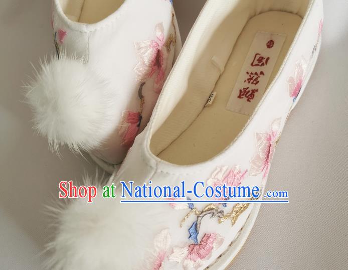 Handmade Chinese Traditional Hanfu Shoes Embroidered Mangnolia Shoes White Bow Shoes