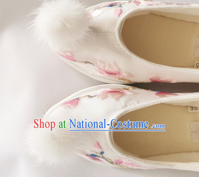 Handmade Chinese Traditional Hanfu Shoes Embroidered Mangnolia Shoes White Bow Shoes