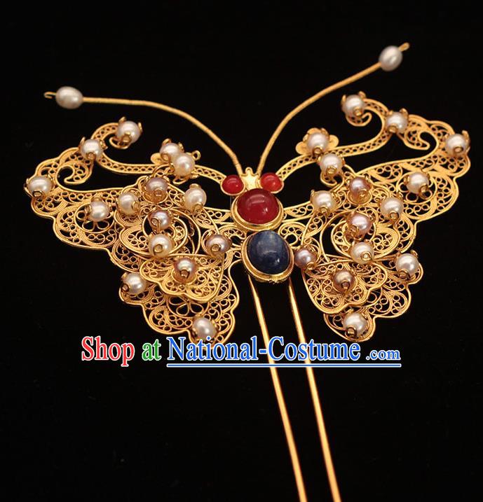 China Ancient Empress Golden Butterfly Hair Stick Traditional Hair Accessories Ming Dynasty Pearls Hairpin