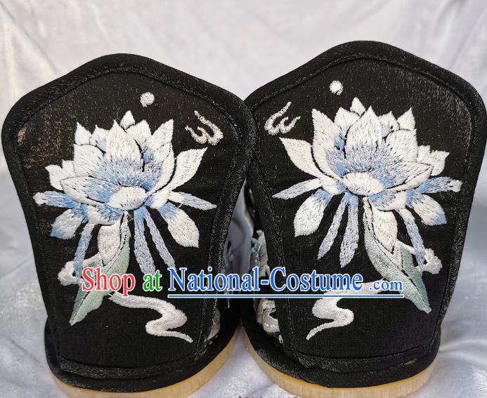 Handmade Chinese Traditional Hanfu Princess Shoes Black Satin Shoes Embroidered Epiphyllum Shoes