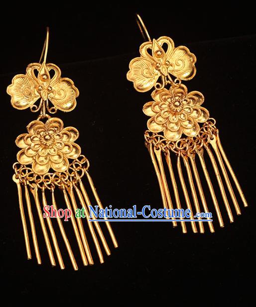 Chinese Ancient Court Woman Ear Accessories Traditional Ming Dynasty Golden Peony Butterfly Earrings