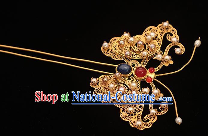 China Ancient Empress Golden Butterfly Hair Stick Traditional Hair Accessories Ming Dynasty Pearls Hairpin