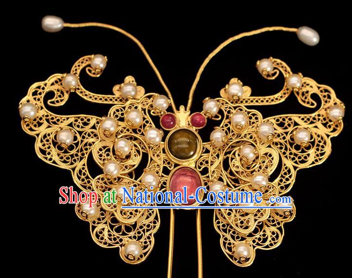 China Ancient Empress Pearls Hair Stick Traditional Hair Accessories Ming Dynasty Golden Butterfly Hairpin