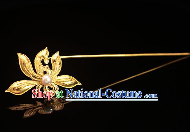 China Ming Dynasty Court Hairpin Traditional Hair Accessories Ancient Empress Golden Orchids Hair Stick