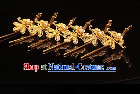 China Ming Dynasty Golden Phoenix Hairpin Traditional Hair Accessories Ancient Empress Pearl Hair Stick