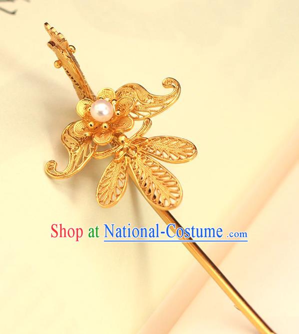 China Ming Dynasty Golden Phoenix Hairpin Traditional Hair Accessories Ancient Empress Pearl Hair Stick