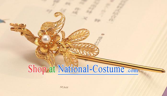 China Ming Dynasty Golden Phoenix Hairpin Traditional Hair Accessories Ancient Empress Pearl Hair Stick