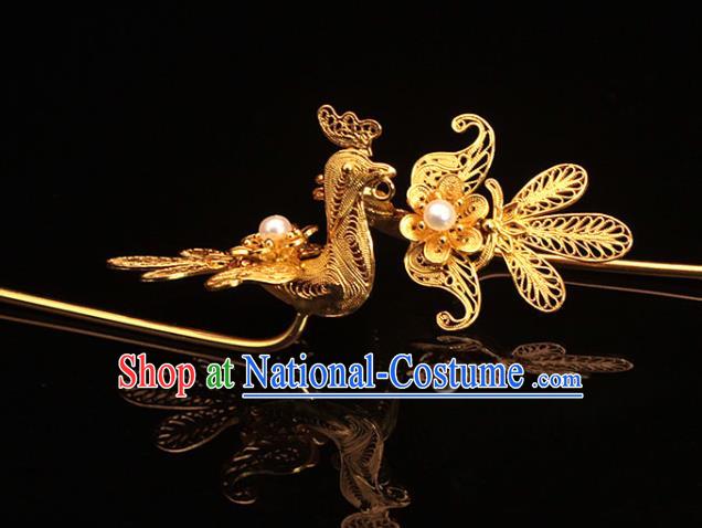 China Ming Dynasty Golden Phoenix Hairpin Traditional Hair Accessories Ancient Empress Pearl Hair Stick