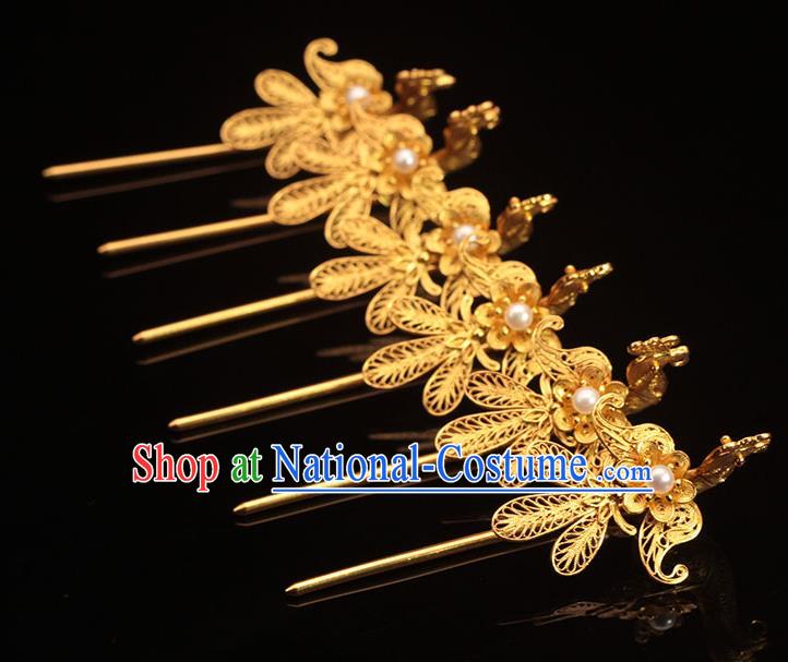 China Ming Dynasty Golden Phoenix Hairpin Traditional Hair Accessories Ancient Empress Pearl Hair Stick