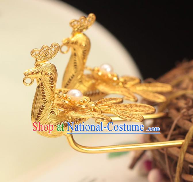 China Ming Dynasty Golden Phoenix Hairpin Traditional Hair Accessories Ancient Empress Pearl Hair Stick